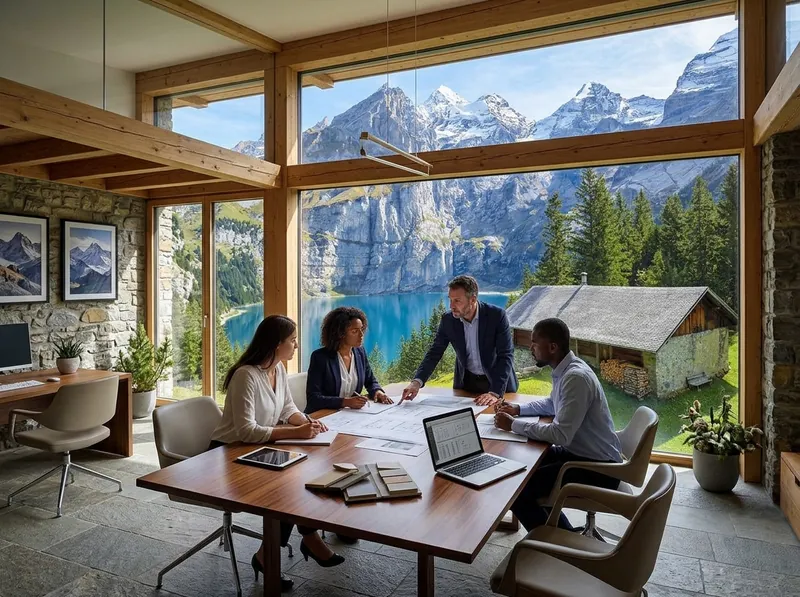 Brunatur team in a strategy meeting overlooking an alpine lake